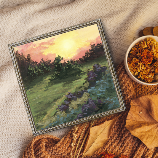 Autumn Sunset Fields - Gouache Painting - Signed Fine Art Print