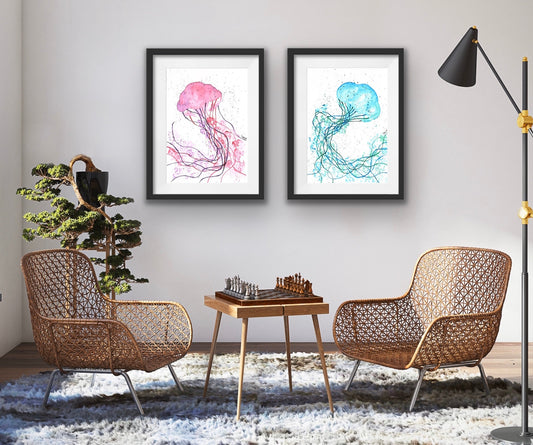 Blue and Pink Jellyfish Watercolor Print Set