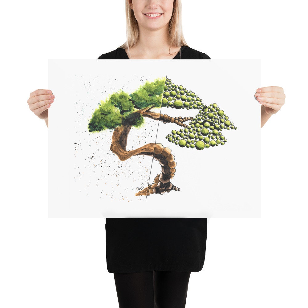 Geometric Bonsai Tree Watercolor Print