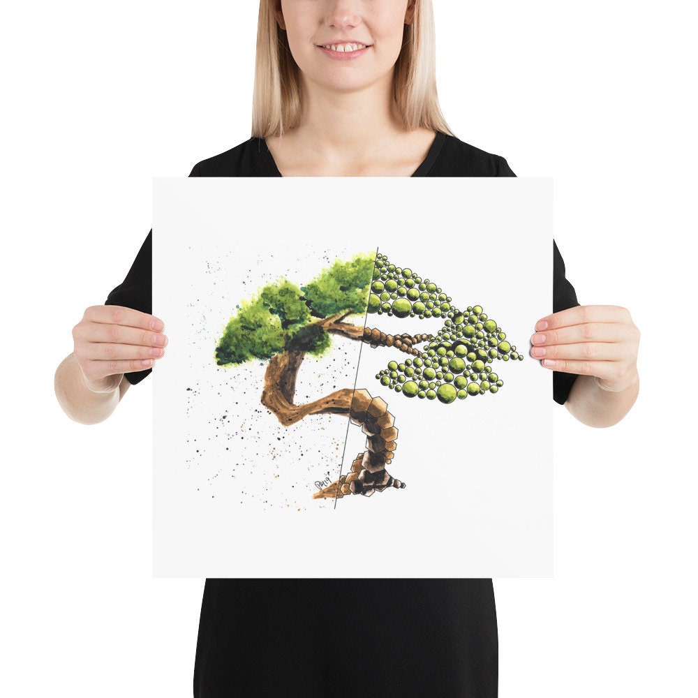 Geometric Bonsai Tree Watercolor Print