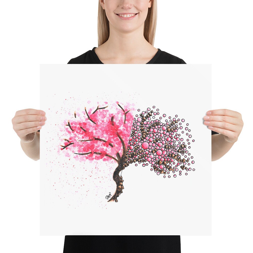 Geometric Cherry Blossom Tree Watercolor Print