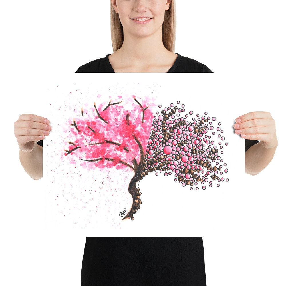 Geometric Cherry Blossom Tree Watercolor Print