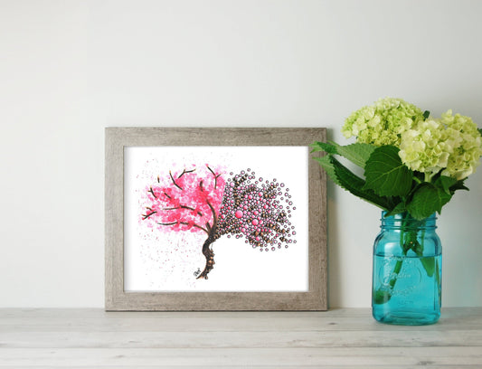 Geometric Cherry Blossom Tree Watercolor Print