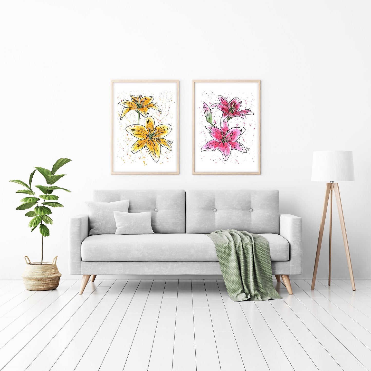 Pink and Yellow Lily Watercolor Print Set