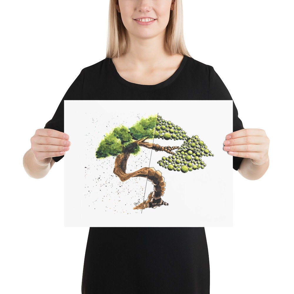 Geometric Bonsai Tree Watercolor Print