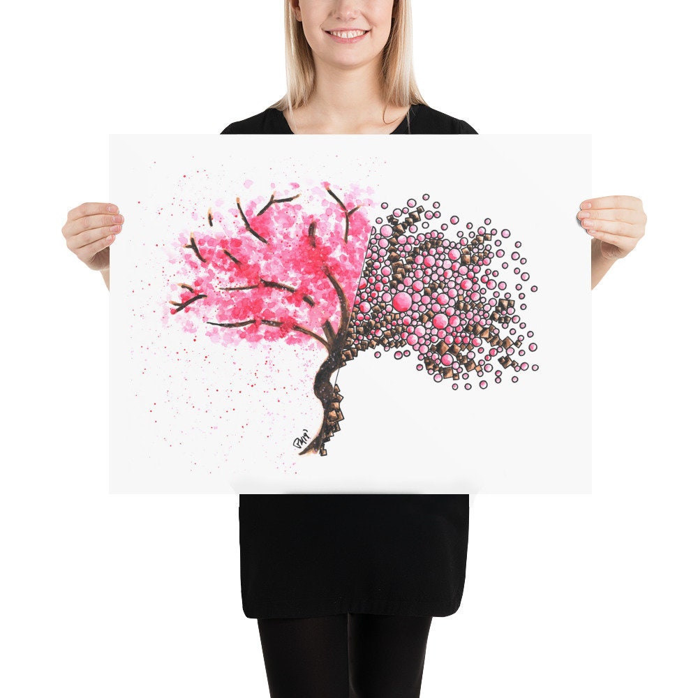 Geometric Cherry Blossom Tree Watercolor Print