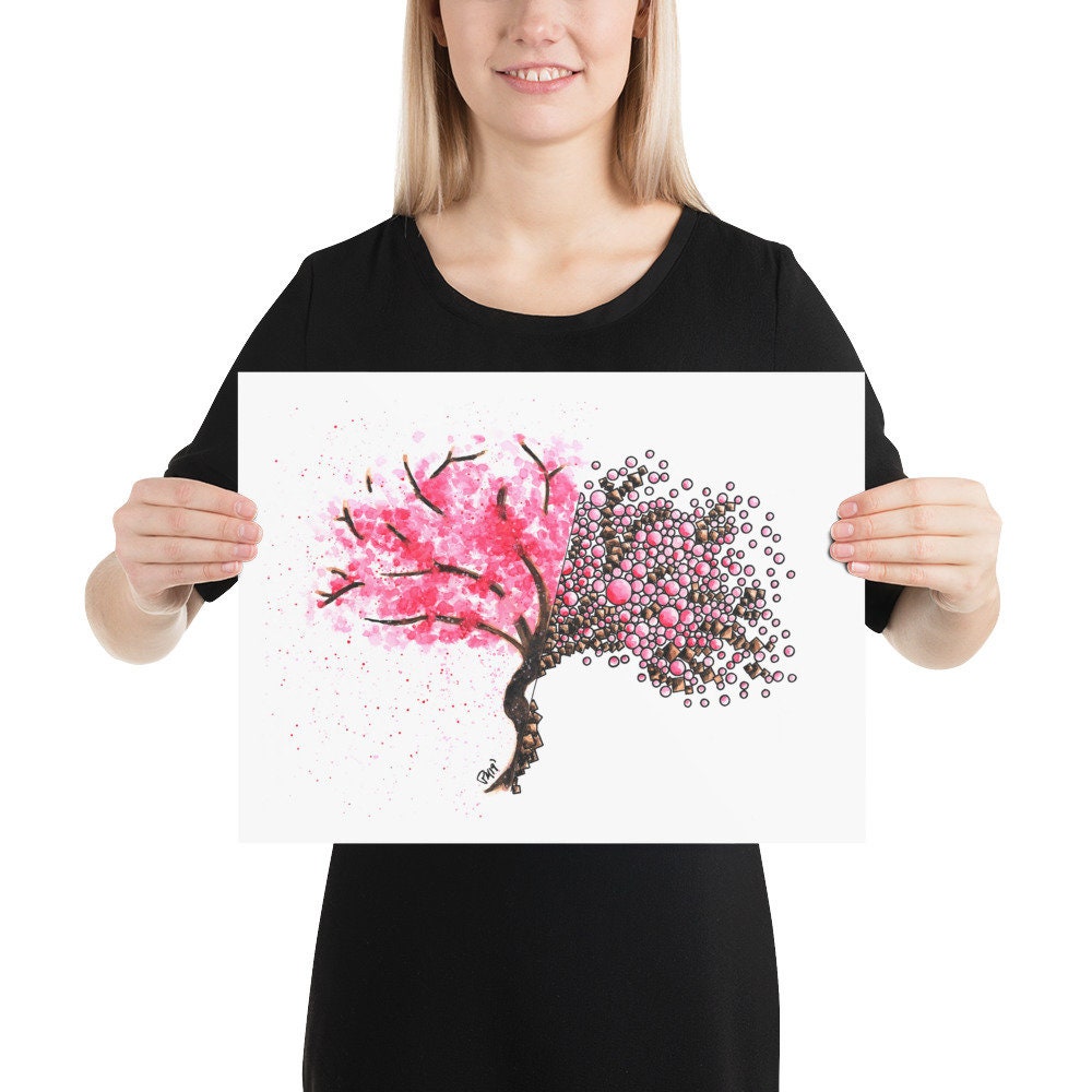 Geometric Cherry Blossom Tree Watercolor Print