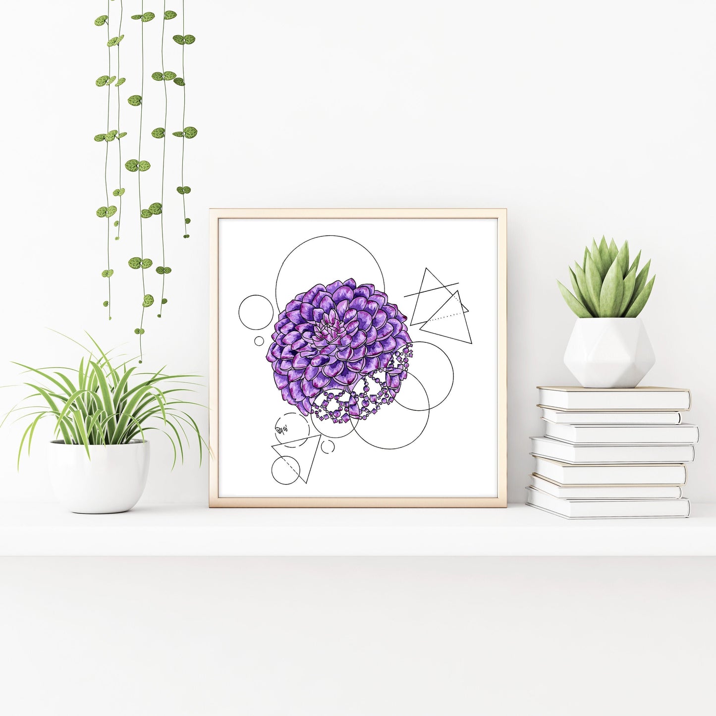 Geometric Purple Dahlia Watercolor Print