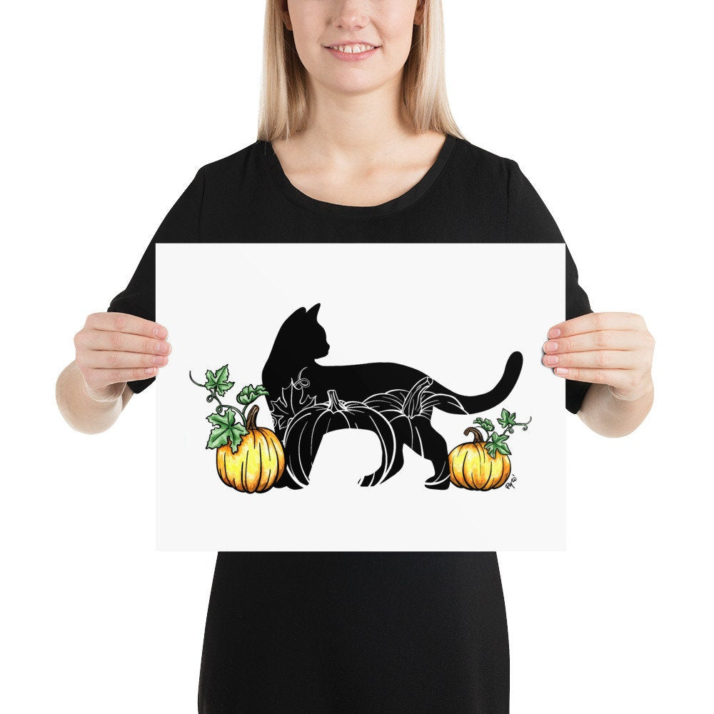 Black Cat and Pumpkins Watercolor Print
