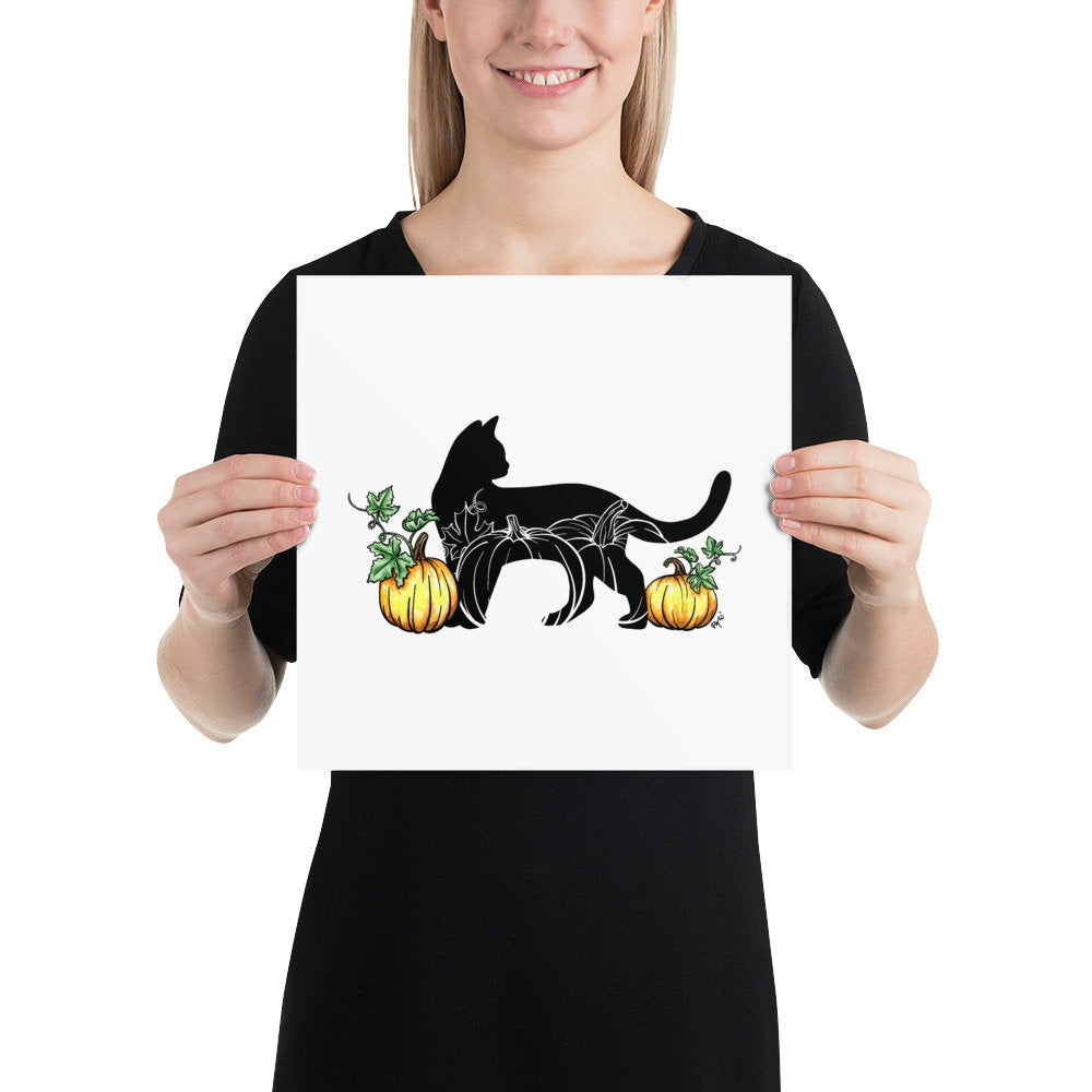 Black Cat and Pumpkins Watercolor Print