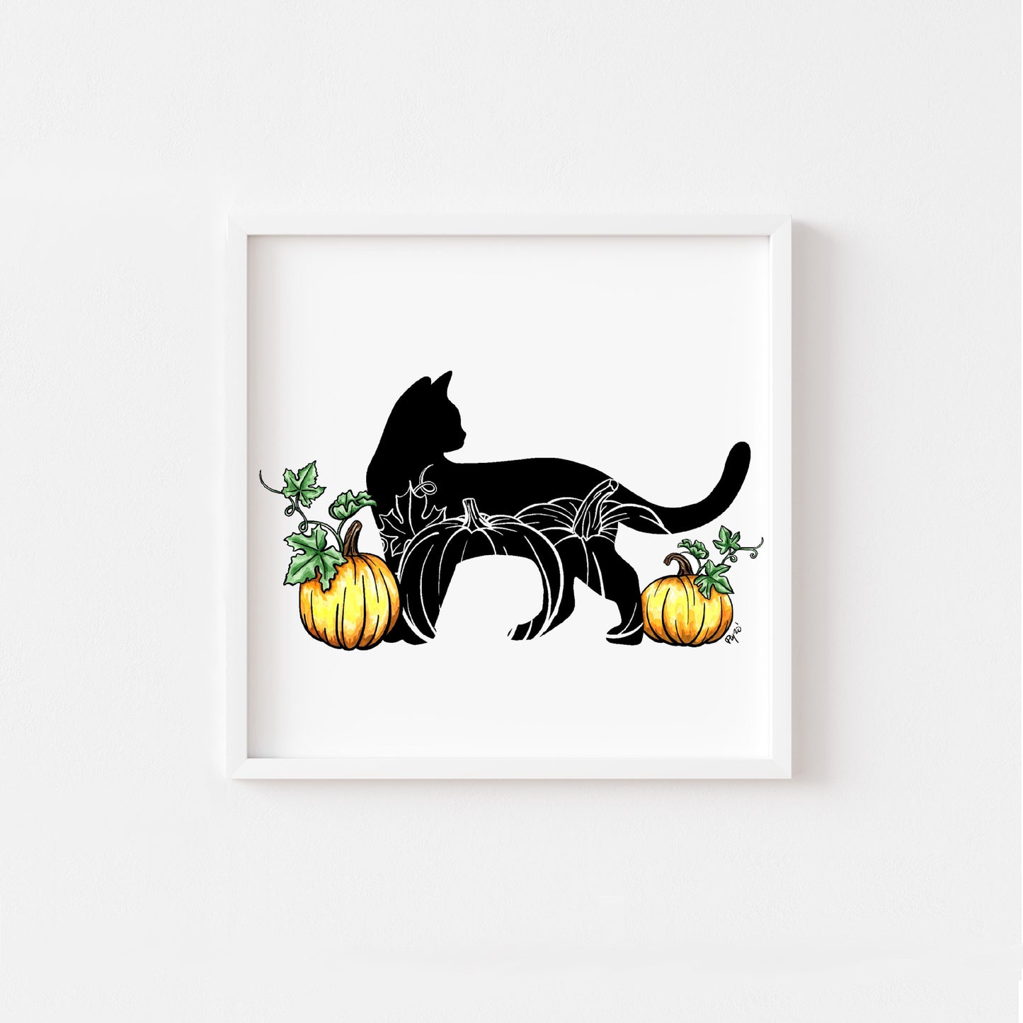 Black Cat and Pumpkins Watercolor Print