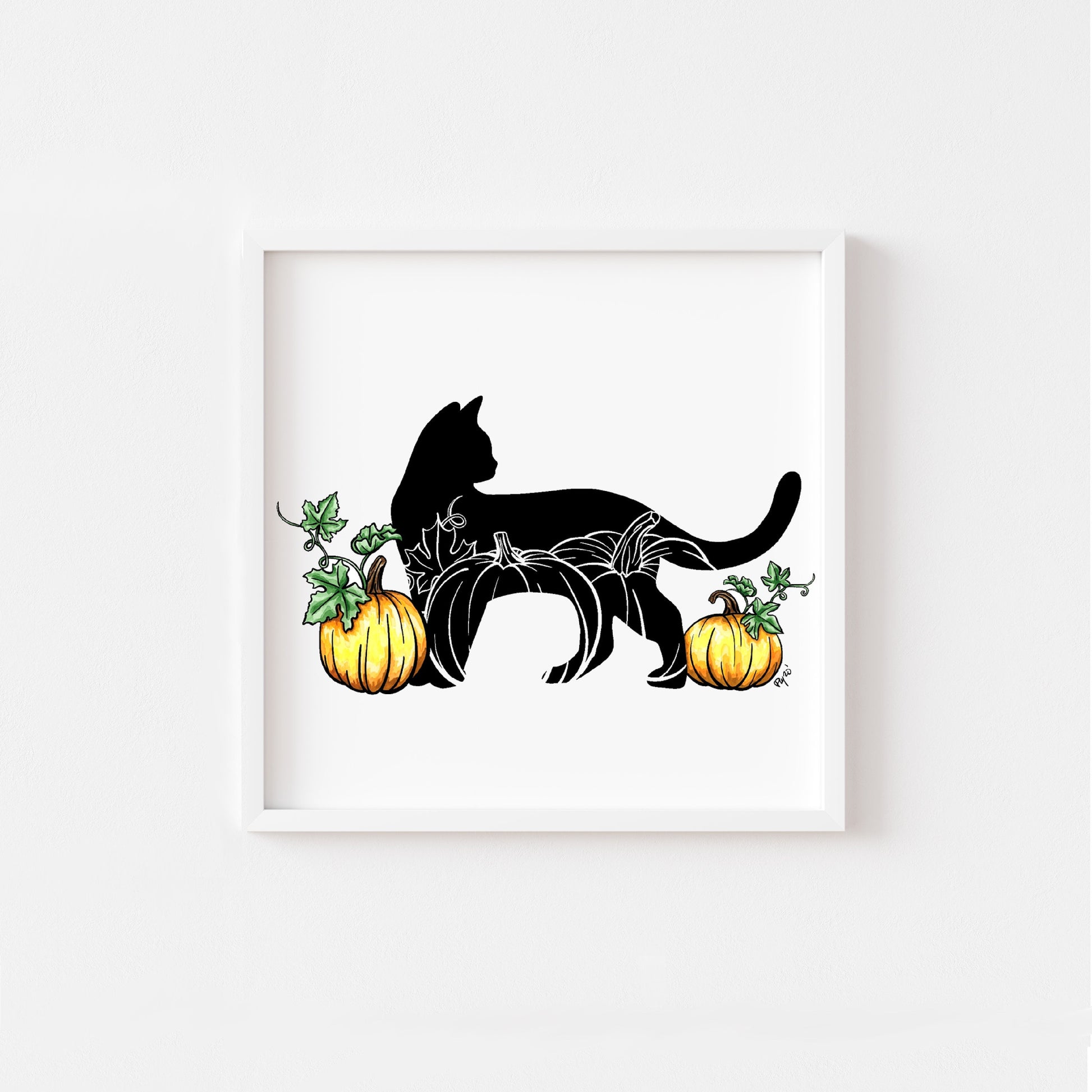Black Cat and Pumpkins Watercolor Print