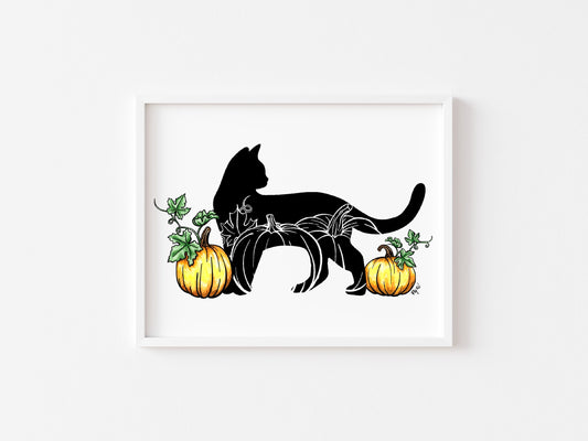 Black Cat and Pumpkins Watercolor Print