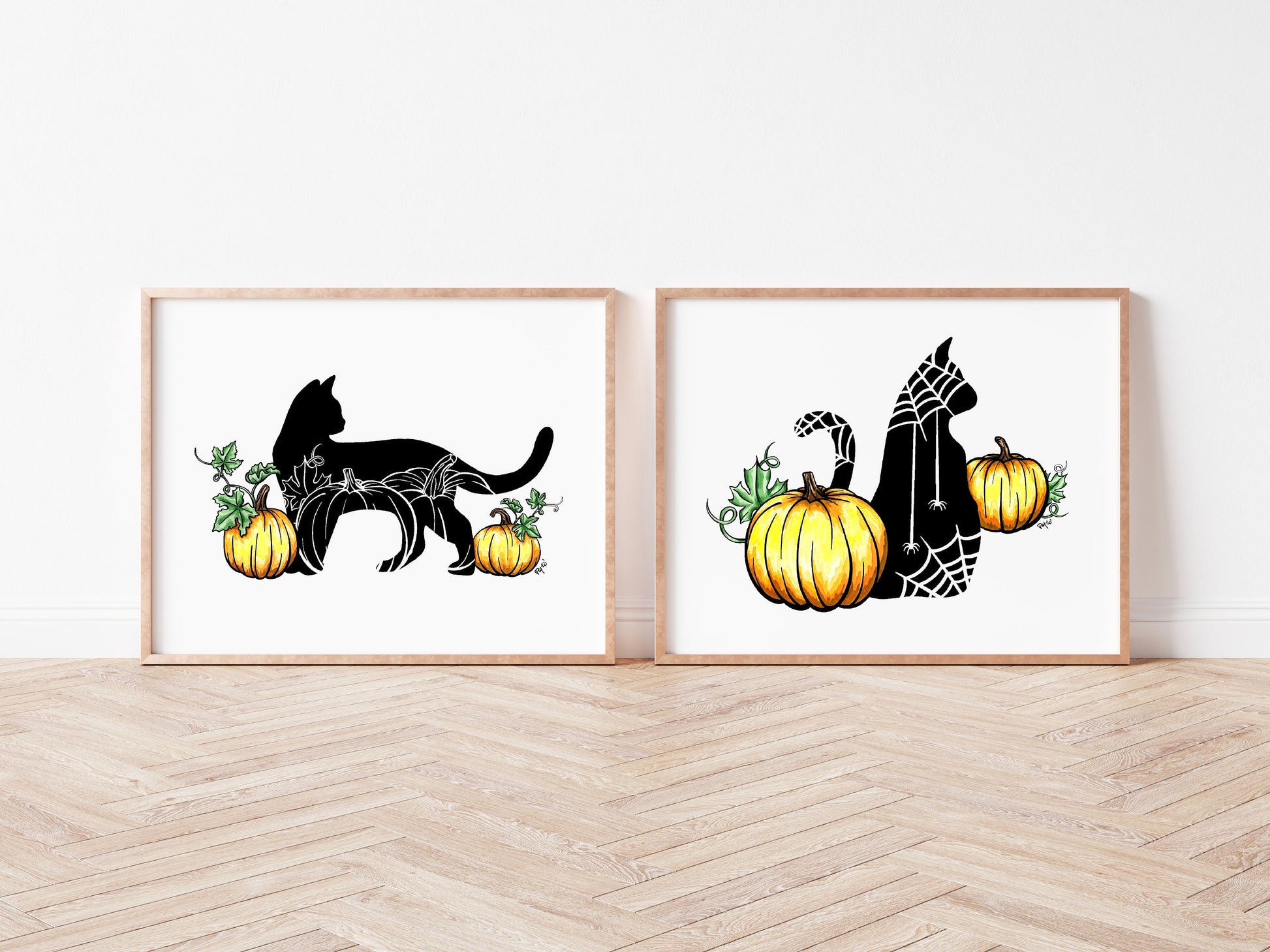 Black Cat and Pumpkins Watercolor Print Set