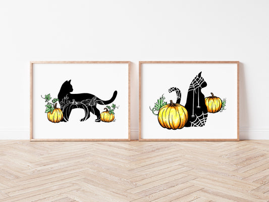 Black Cat and Pumpkins Watercolor Print Set