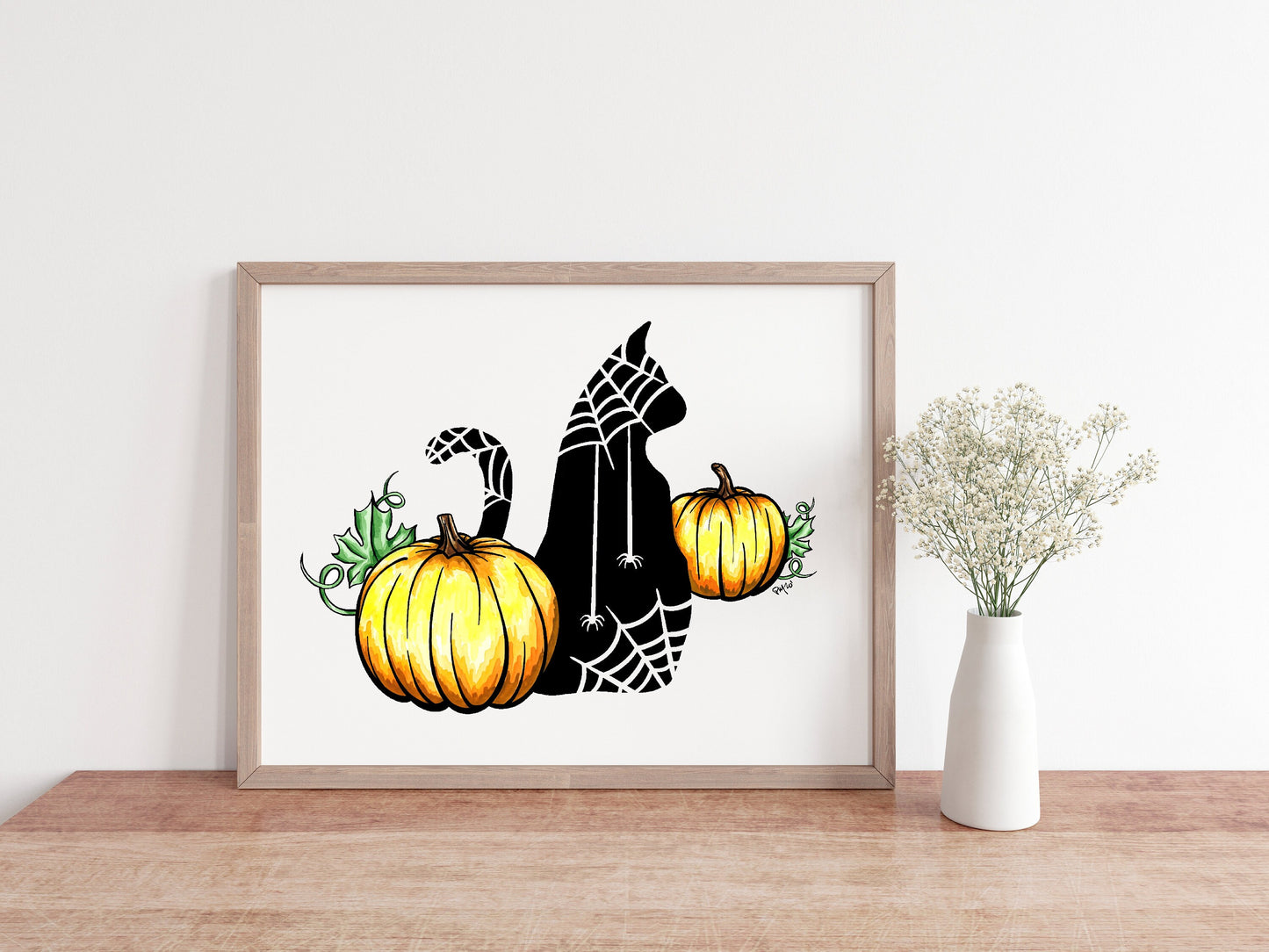 Black Cat and Pumpkins Watercolor Print Set