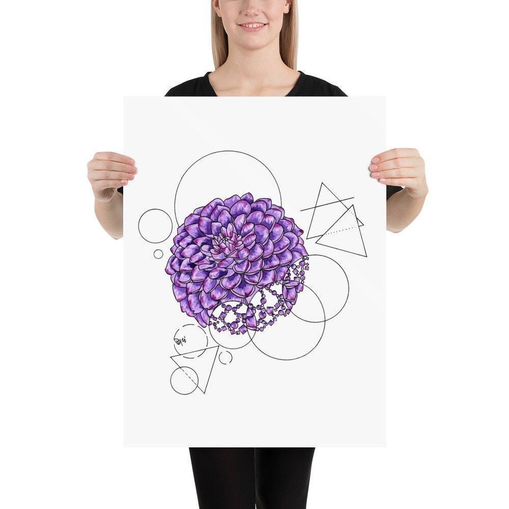 Geometric Purple Dahlia Watercolor Print