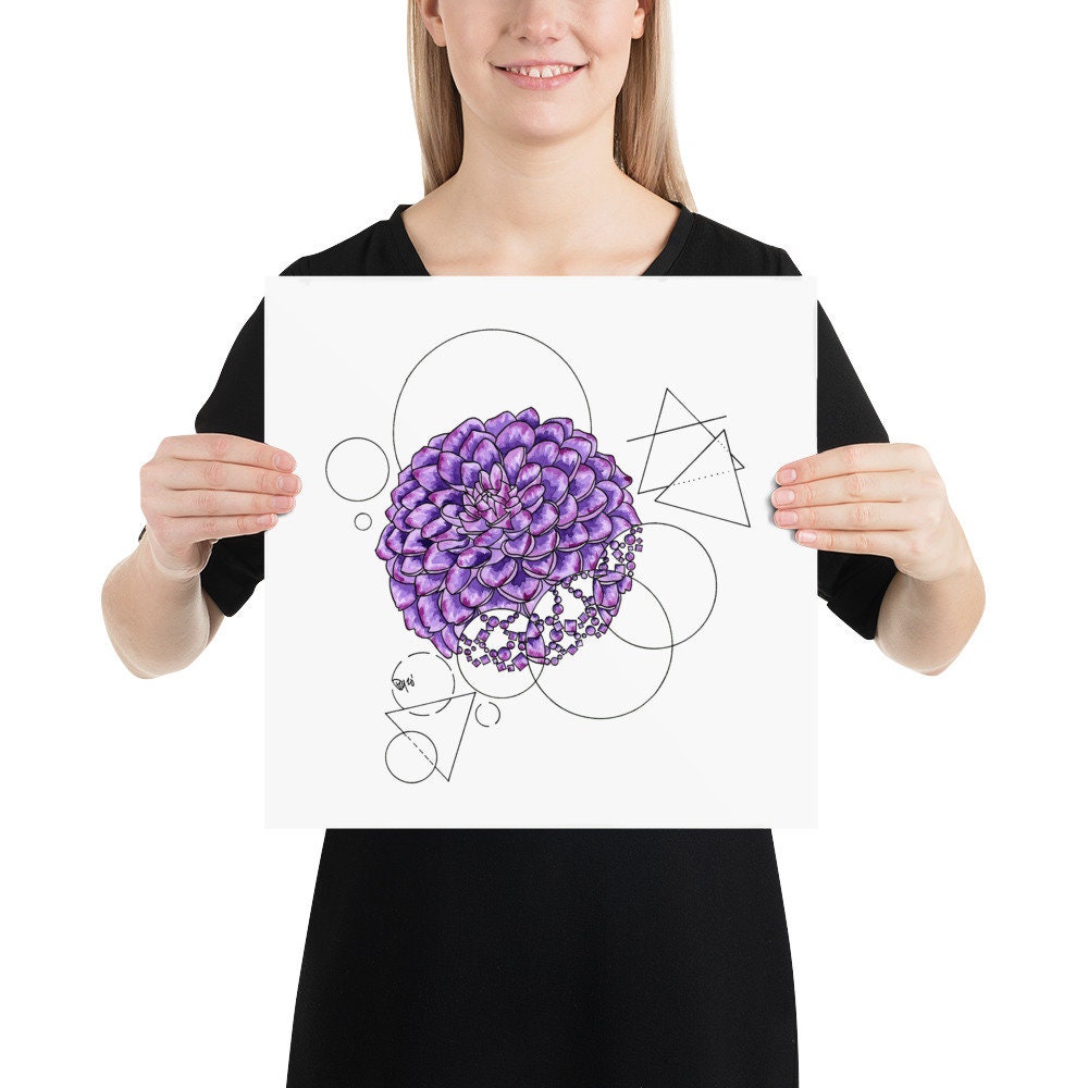 Geometric Purple Dahlia Watercolor Print