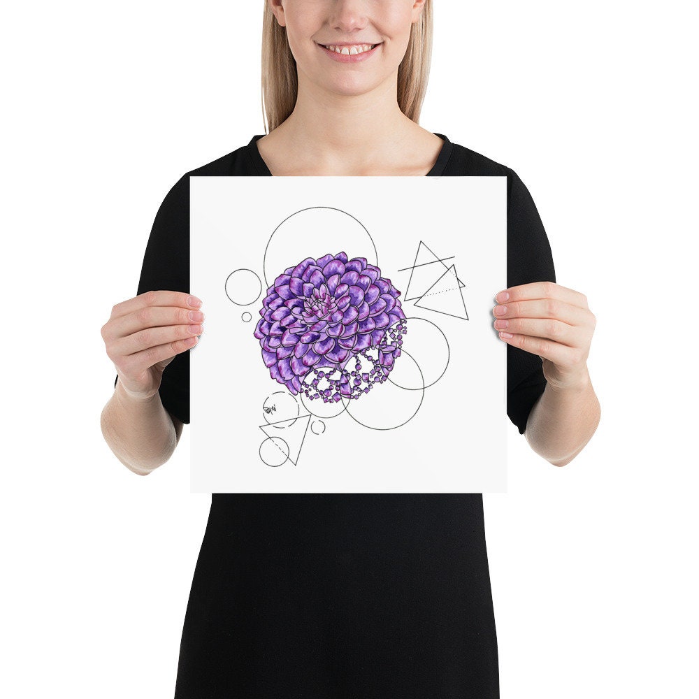 Geometric Purple Dahlia Watercolor Print
