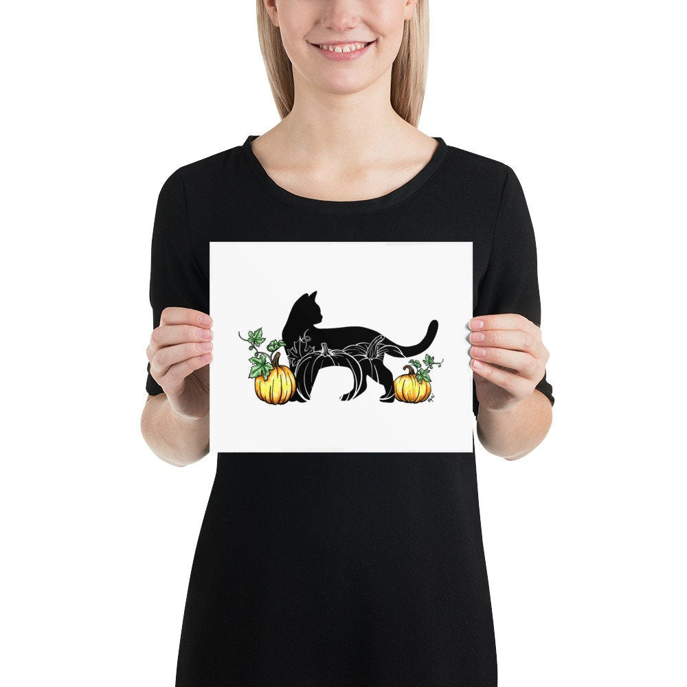 Black Cat and Pumpkins Watercolor Print