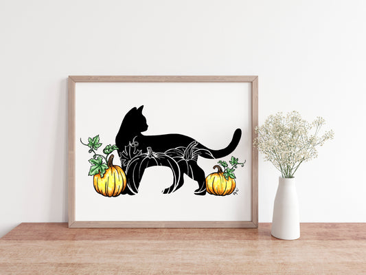 Black Cat and Pumpkins Watercolor Print