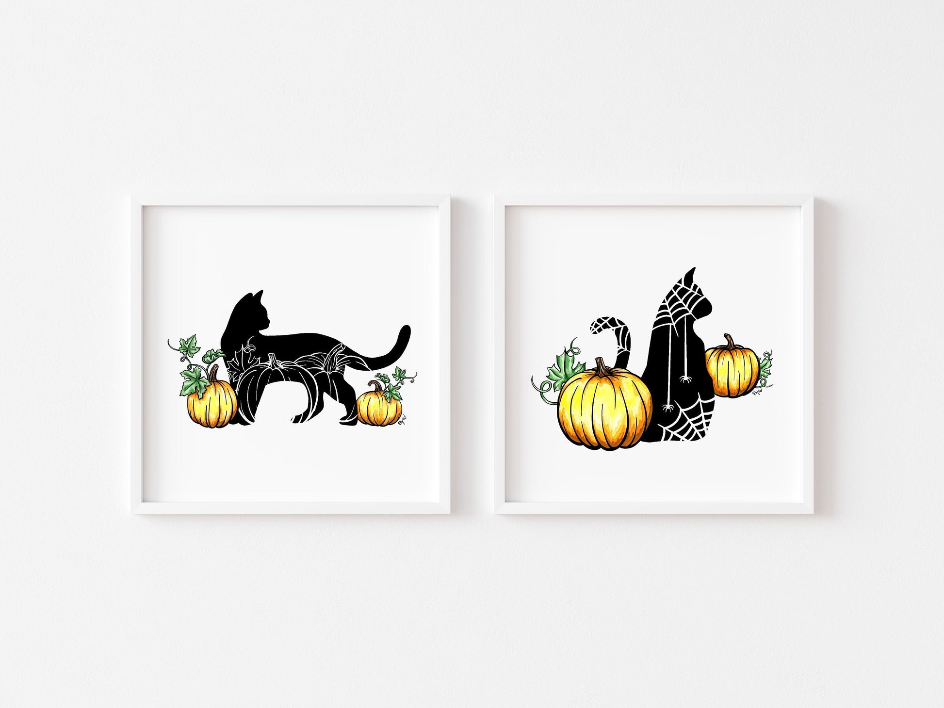 Black Cat and Pumpkins Watercolor Print Set