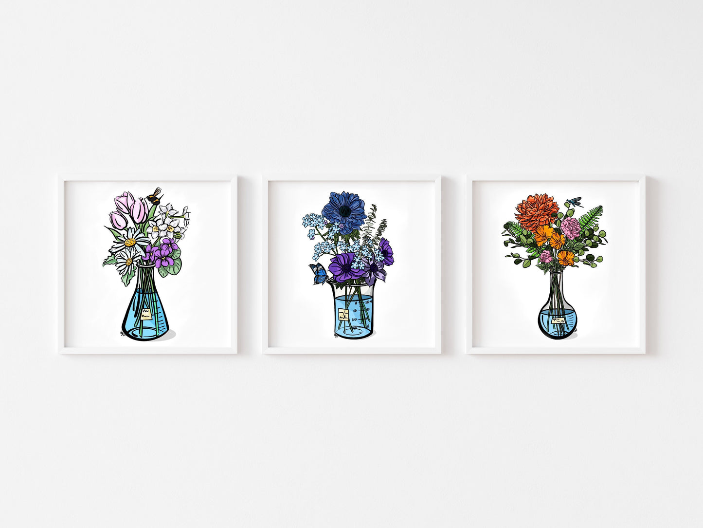 Women in Science Poster Set | Flask Bouquet Wall Art Set | Flower Painting Set | Science Poster Set | Erlenmeyer Flask Art