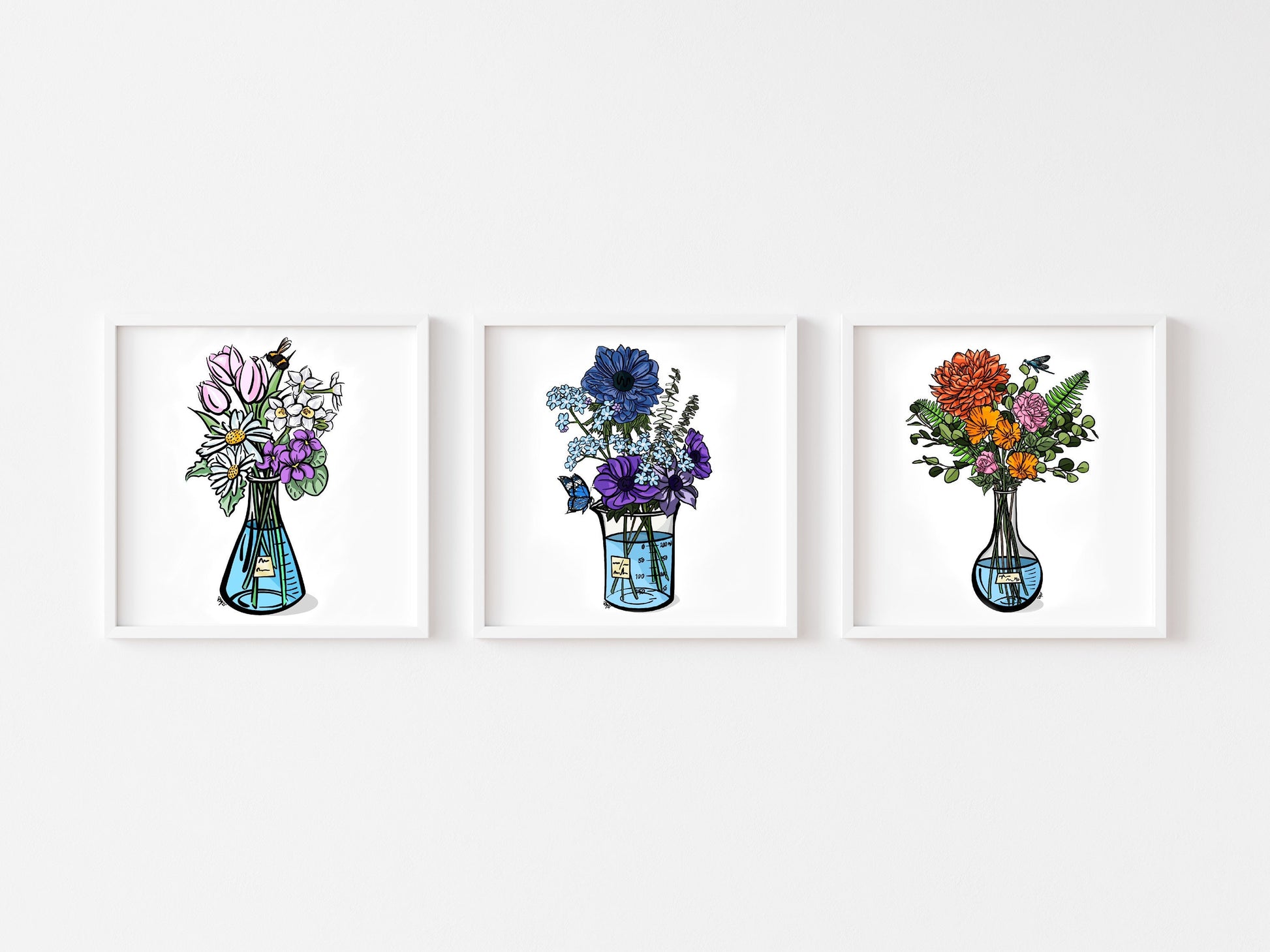 Women in Science Poster Set | Flask Bouquet Wall Art Set | Flower Painting Set | Science Poster Set | Erlenmeyer Flask Art