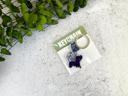 Purple Iris and Butterfly Keychain
