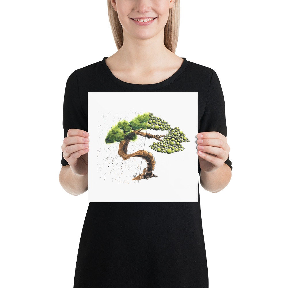 Geometric Bonsai Tree Watercolor Print
