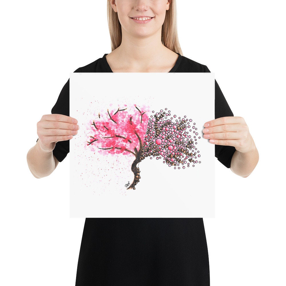 Geometric Cherry Blossom Tree Watercolor Print