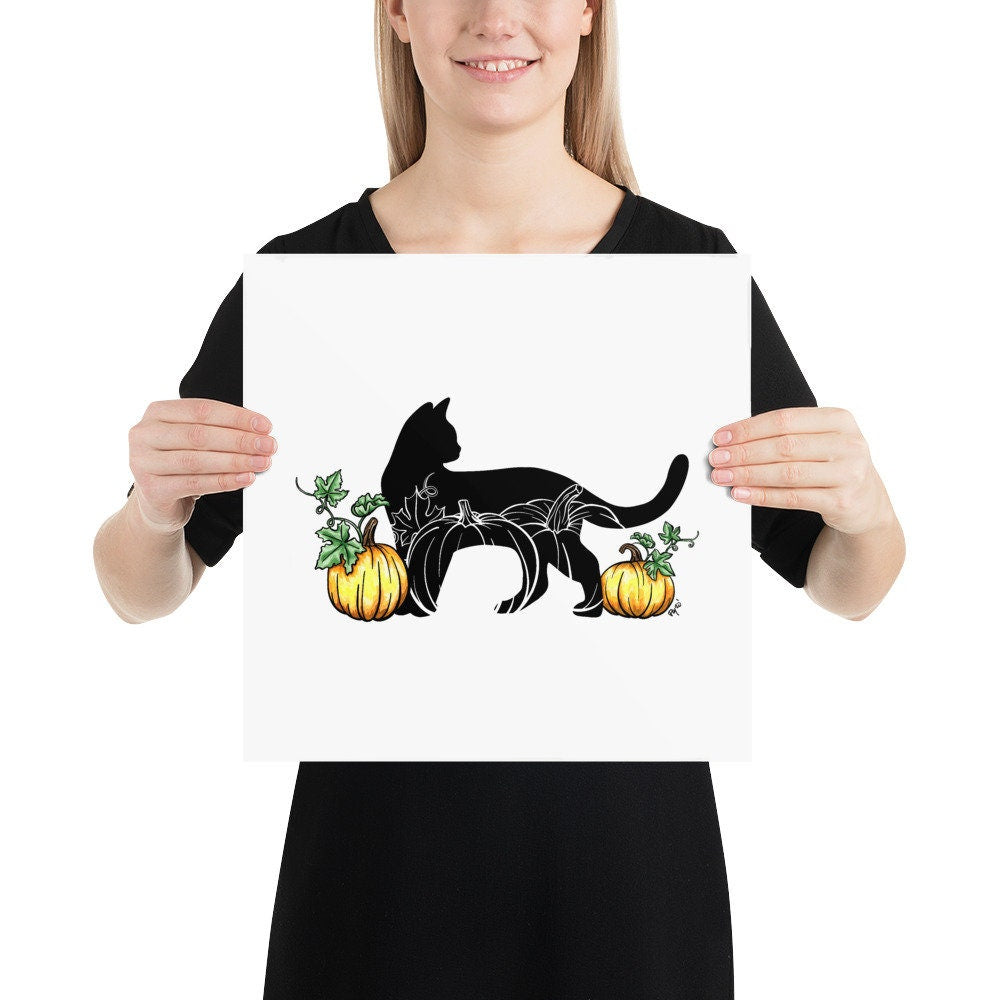 Black Cat and Pumpkins Watercolor Print