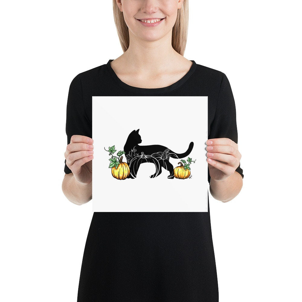 Black Cat and Pumpkins Watercolor Print