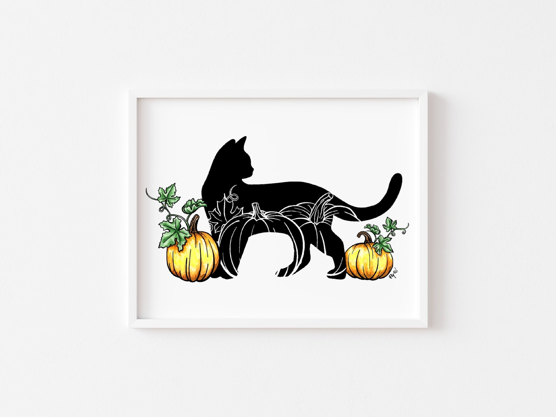 Black Cat and Pumpkins Watercolor Print