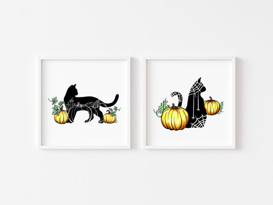 Black Cat and Pumpkins Watercolor Print Set