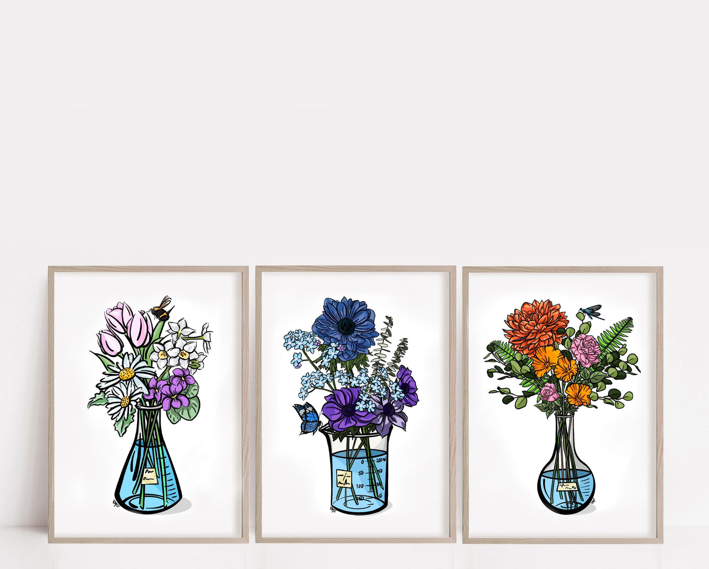 Women in Science Poster Set | Flask Bouquet Wall Art Set | Flower Painting Set | Science Poster Set | Erlenmeyer Flask Art