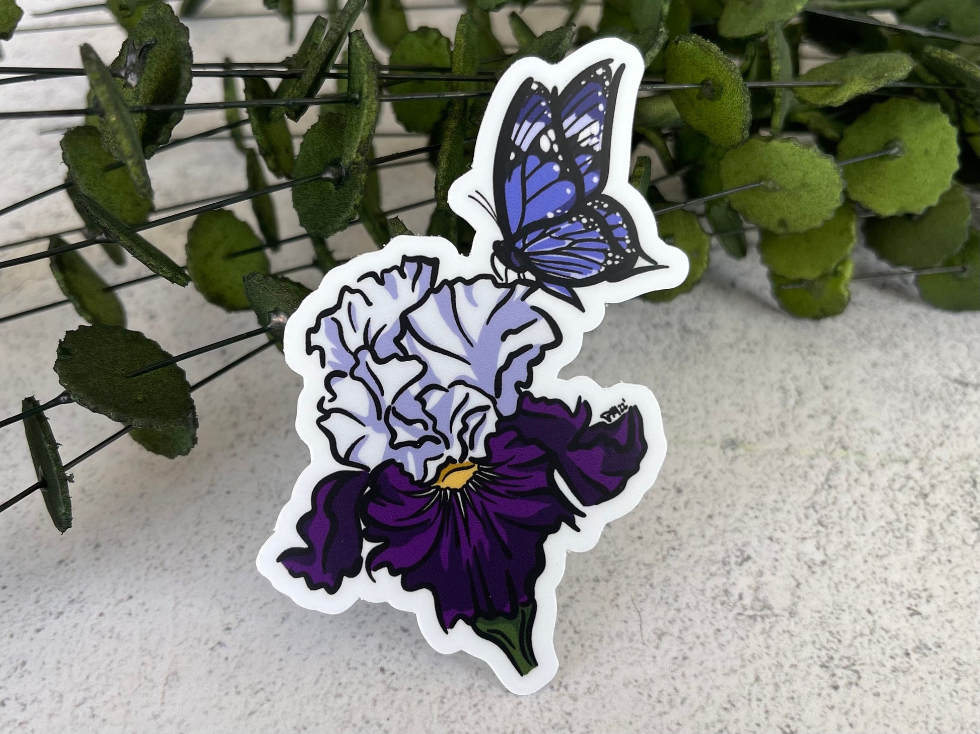 Purple Iris and Butterfyl Vinyl Sticker