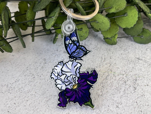 Purple Iris and Butterfly Keychain